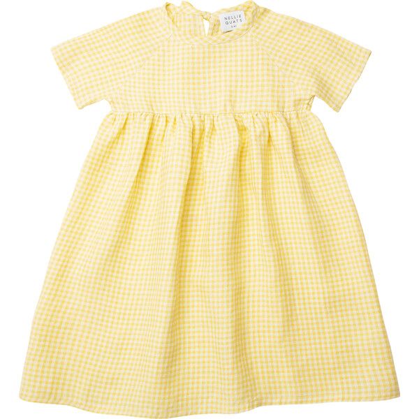 Hopscotch Linen Short Raglan Sleeve Check Dress, Lemon | Maisonette