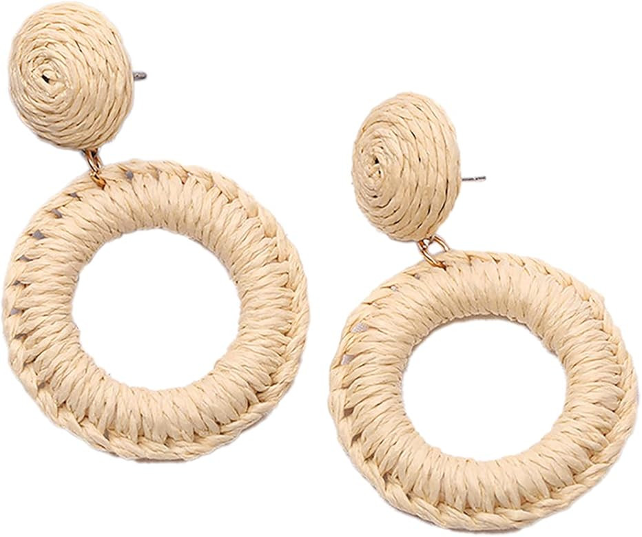Woven Rattan Earrings Boho Straw Wicker Braid Drop Dangle Earrings Handmade Circle Earrings Statemen | Amazon (US)