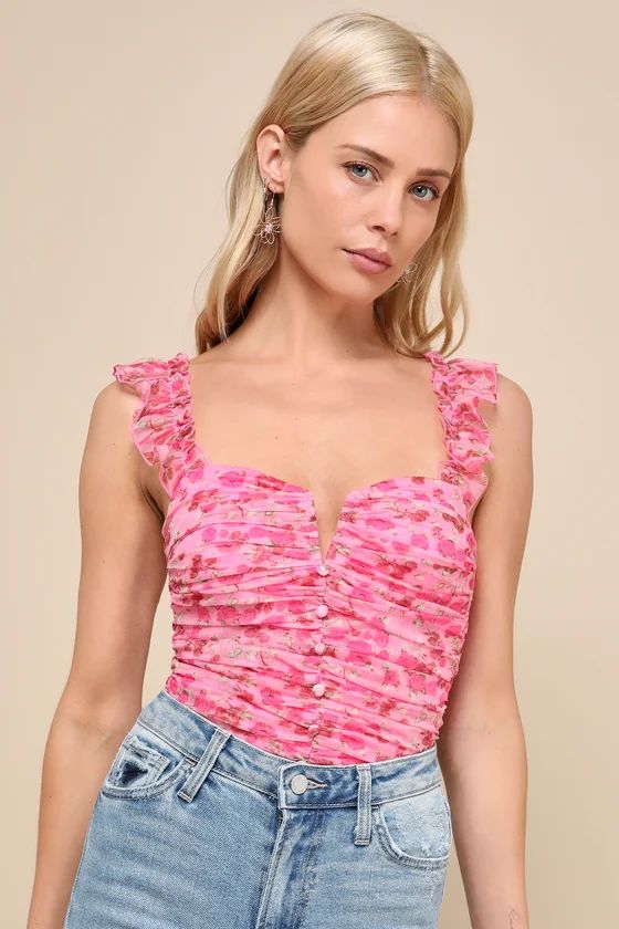 Flirtatious Sweetness Hot Pink Floral Ruched Ruffled Tank Top | Lulus