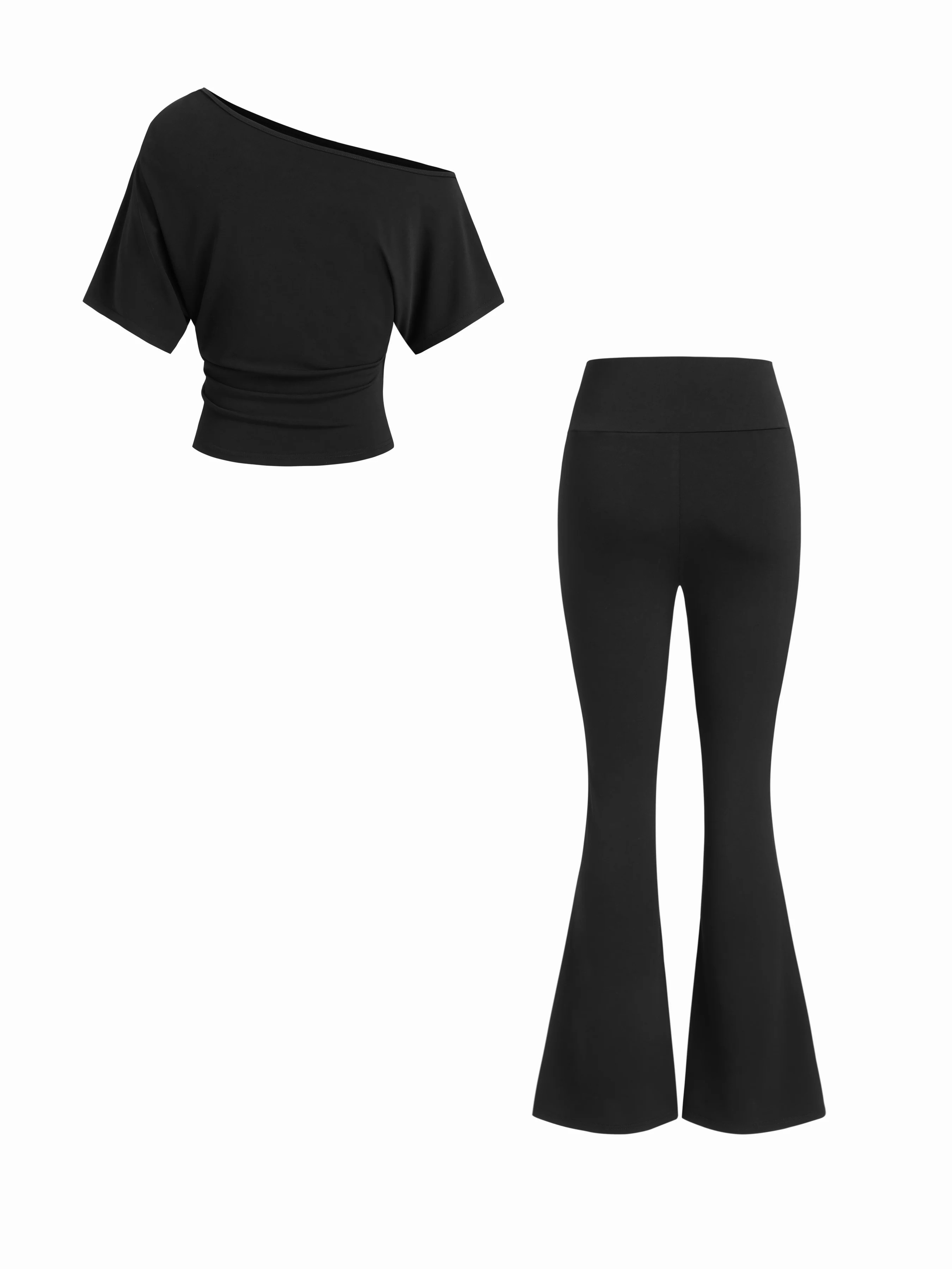 Knit Fabric Asymmetrical Neck Ruched Top & Mid Rise Flared Trousers Set For Daily Casual | Cider