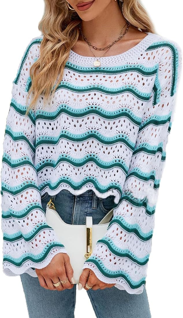 Lemon Girl Hollow Out Knit Stripe Sweaters Tops Dolman Sleeves Pullovers Loose Pullover Top | Amazon (US)