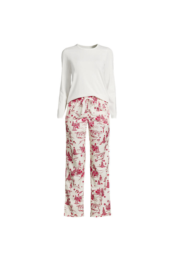 Women's Petite Pajama Gift Set - Knit Long Sleeve Top and Flannel Pants - Lands' End - Ivory - M | Lands' End (US)