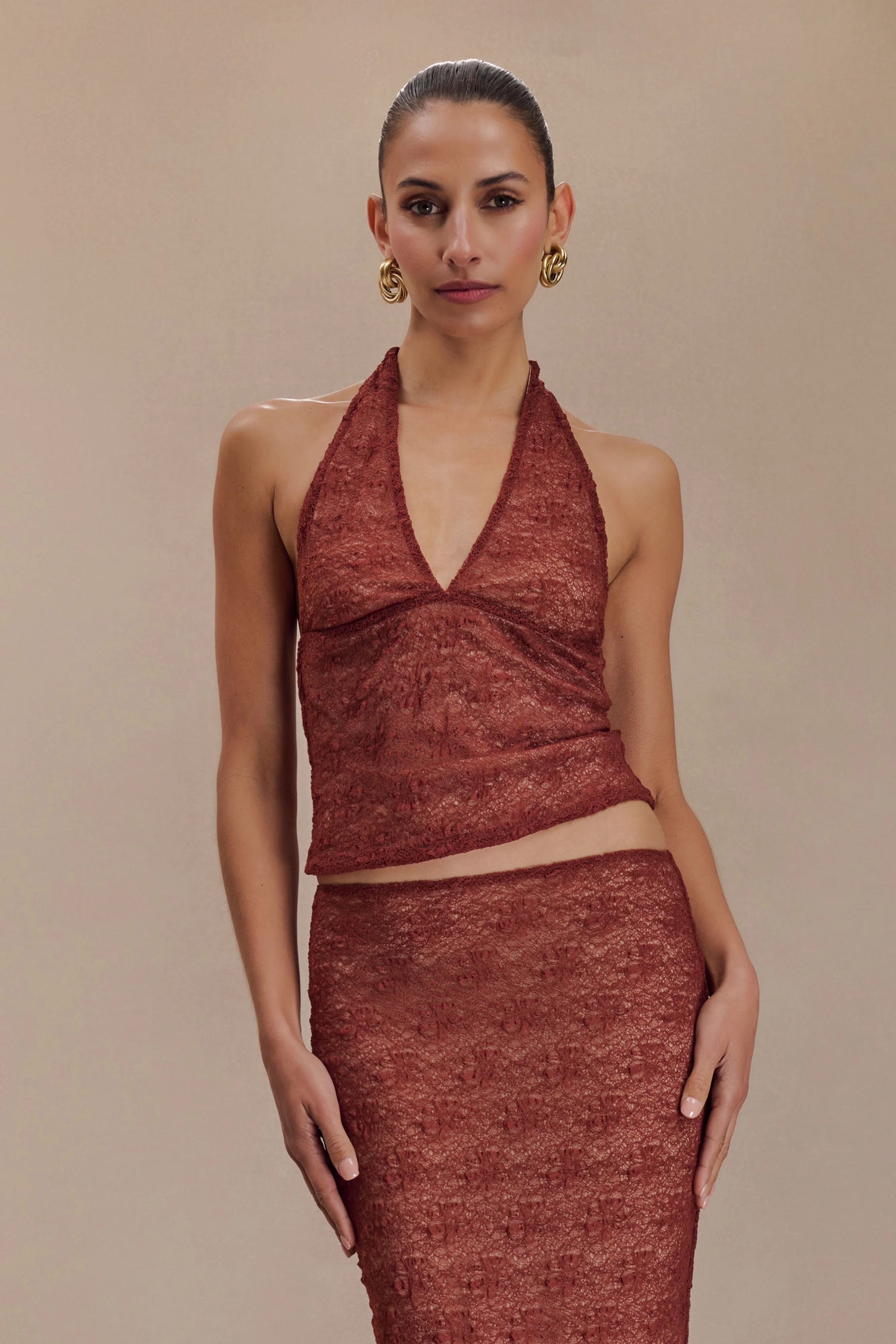 Asher Sheer Lace Halter Top - Chilli | Meshki (APAC)