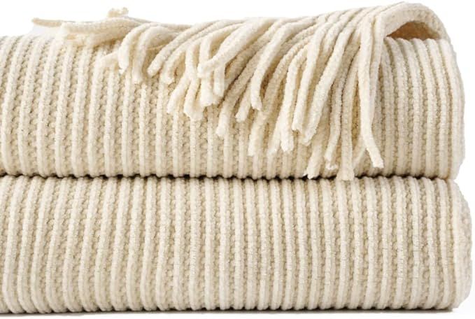BATTILO HOME Beige Throw Blanket for Couch, Soft Chenille Knit Throws with Tassels for Home Decor... | Amazon (US)