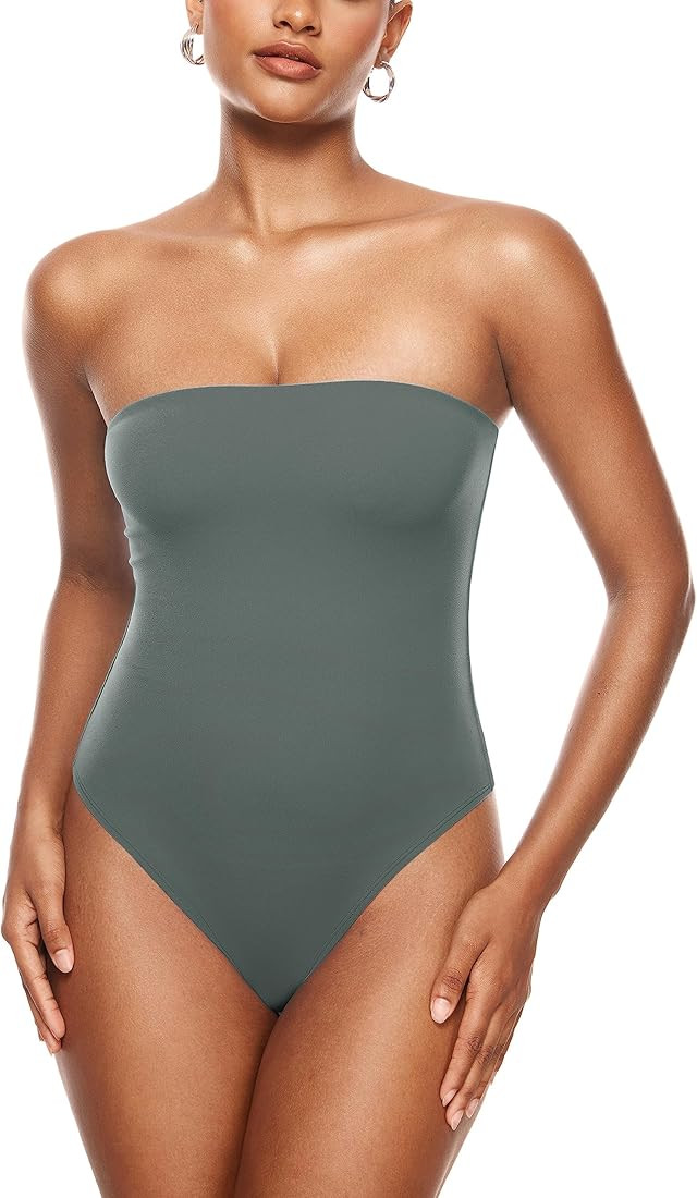 INLYRIC Women's Cloudsfit Sexy Strapless Bodysuit Thong Tube Top Off The Shoulder One Piece Leota... | Amazon (US)