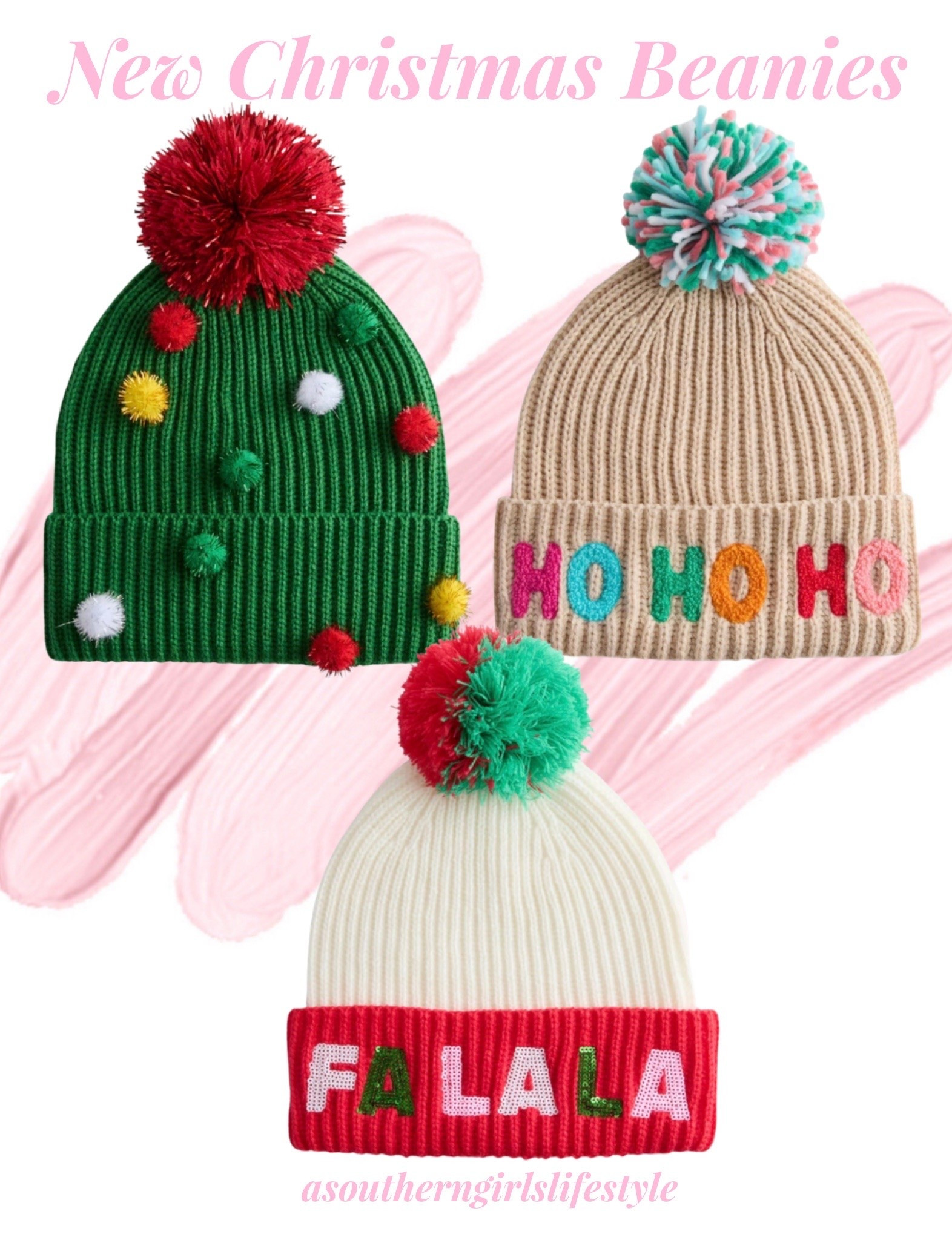 New Christmas Beanies at Walmart! So fun & cute!!! 

Green Tinsel Pom Pom Beanie Hat. Oatmeal Ho Ho Ho Beanie Hat. Ivory/Red Sequined Fa La La Beanie Hat

Christmas Style. Christmas Accessories