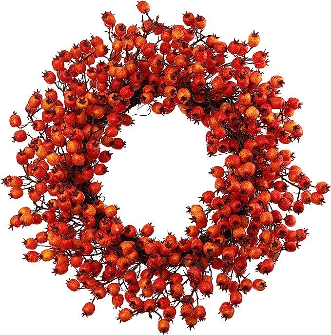 20" Artificial Berry Wreath, Orange & Red Fall Hues, Twig Base, Handcrafted, Year Round Front Doo... | Amazon (US)