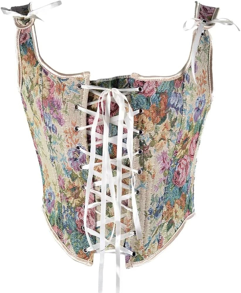 Renaissance Corset Tops for Women Overbust Bustier Vintage Floral Crop Top Tank Vest Lace Up Bone... | Amazon (US)