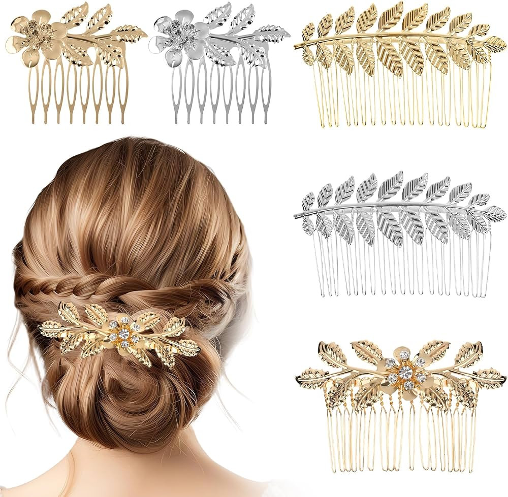 5PCS Leaf Hair Combs for Women Accessories Gold Silver Rhinestone Hair Comb Clips with Teeth Comb... | Amazon (US)