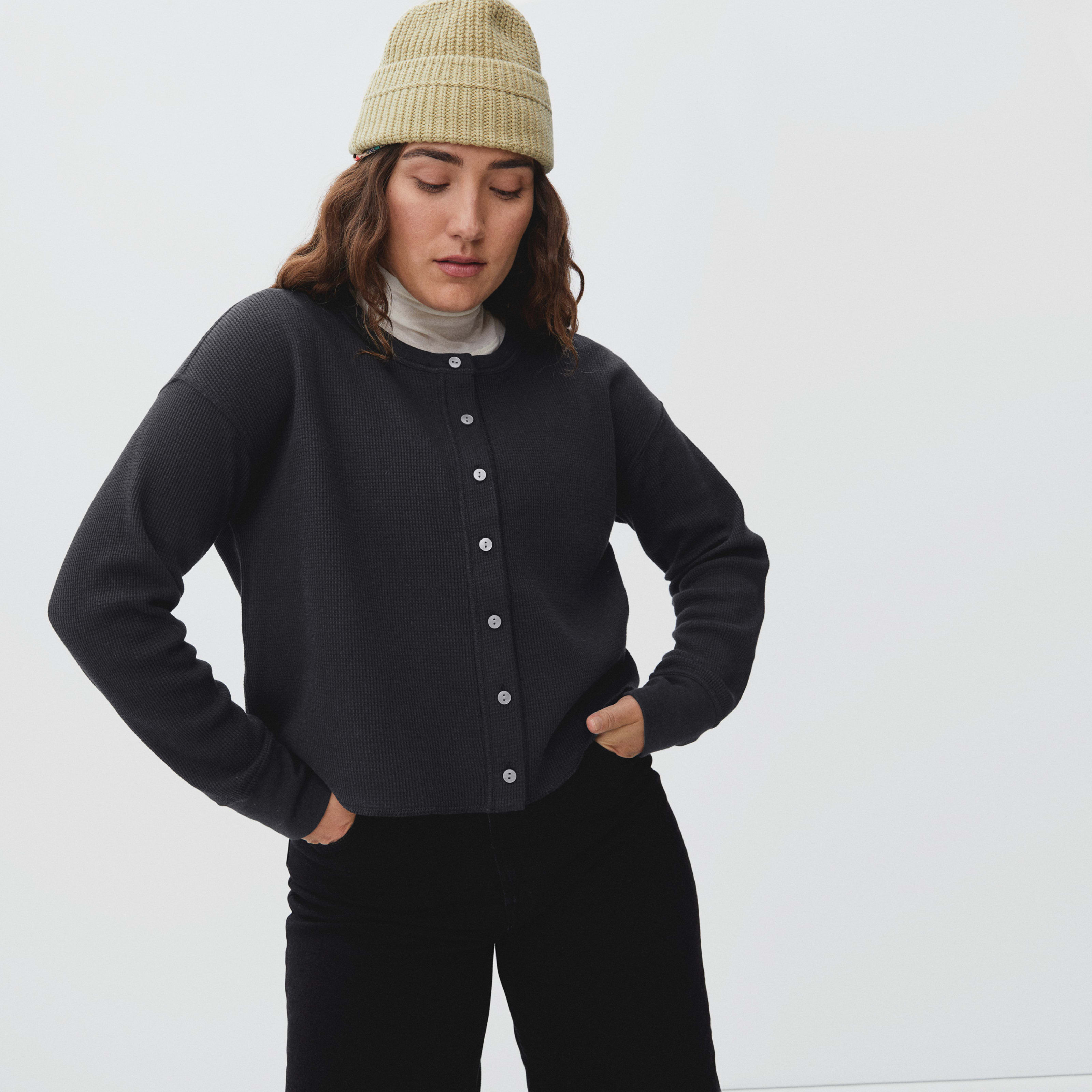 Women's Organic Cotton Waffle Cardigan by Everlane in Washed Black, Size XS | Everlane