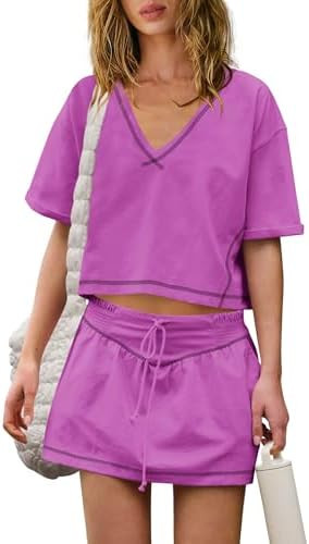 Nirovien Womens 2 Piece Workout Sets Summer Athletic Outfits Short Sleeve Crop Tops and Skirt wit... | Amazon (US)