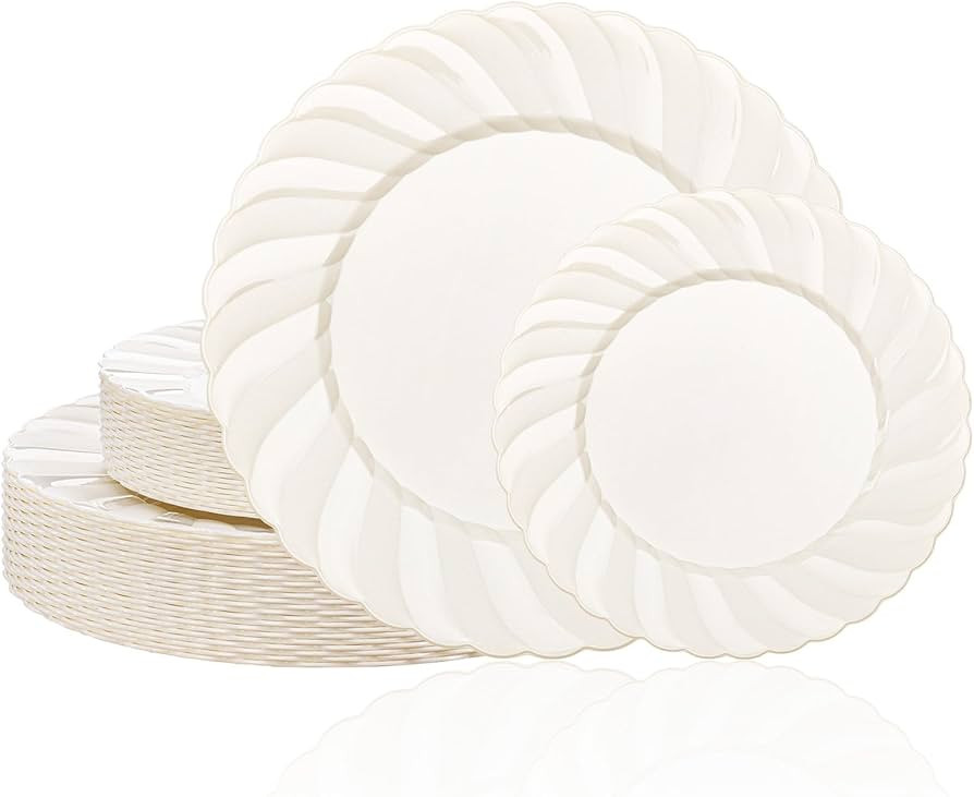U-QE 60 Pcs Thanksgiving Plates Disposable – Ivory Scalloped Plastic Plates Heavy Duty & Elegan... | Amazon (US)