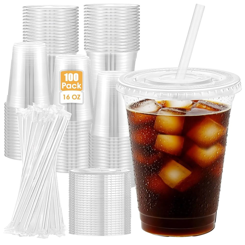 100 Pack16 oz Clear Plastic Cups with Lids and Straws, Easy to Separate Disposable Iced Coffee Cu... | Amazon (US)
