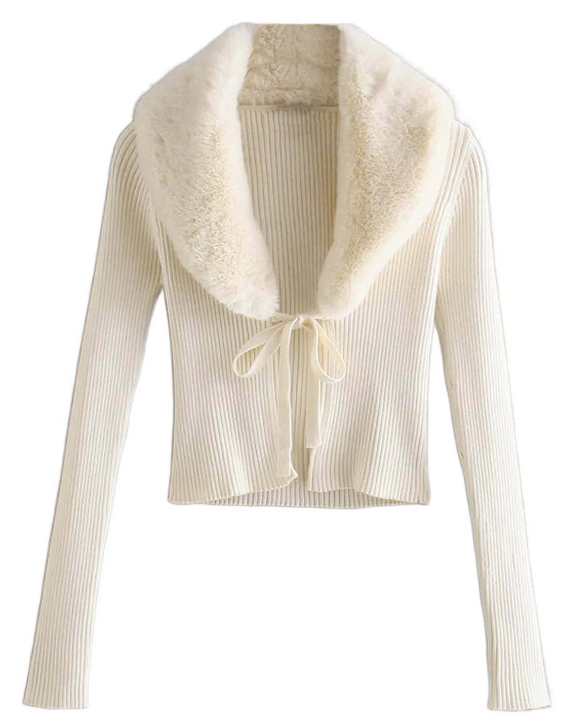 'Mallory' Faux Fur Collar Small Ribbed Cardigan with Tie (3 Colors) | Goodnight Macaroon