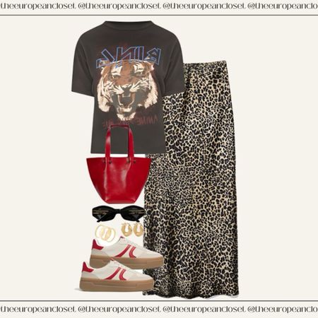 Leopard print skirt, red bag , graphic tee, red sneakers 

#LTKSeasonal #LTKU #LTKFestival