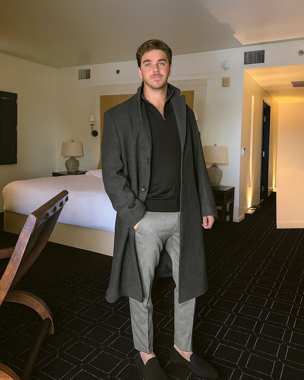 Swipe for the original messy hotel room 😂 love AI (sometimes) 

I love love loved this look I styled on Cordon but he forgot to pack his black loafers so he couldn’t wear it! Linking for you guys! He’s wearing L in the sweater and L in the coat (but it runs big so he wanted M) and the pants are true to size! He is 6’1” 

#LTKMens #LTKHoliday #LTKootd