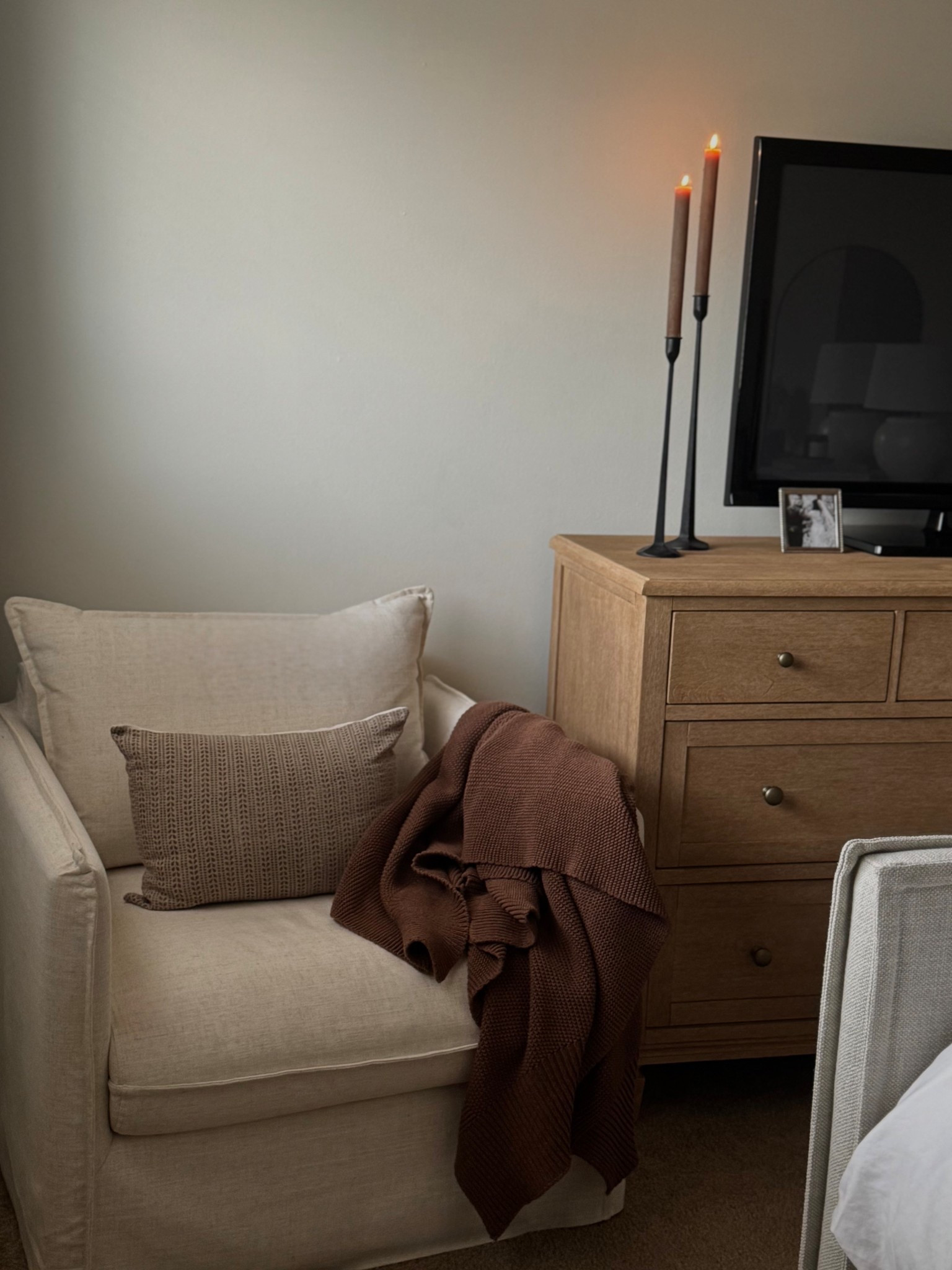 Oak dresser, Sausalito dresser, white vase, arhaus vase, hydrangea stems, candlesticks, pottery barn dresser, bedroom dresser, bedroom furniture, dresser styling, cream chair, brown throw blanket, oblong pillow, pillow cover




#LTKSaleAlert #LTKSeasonal #LTKHome