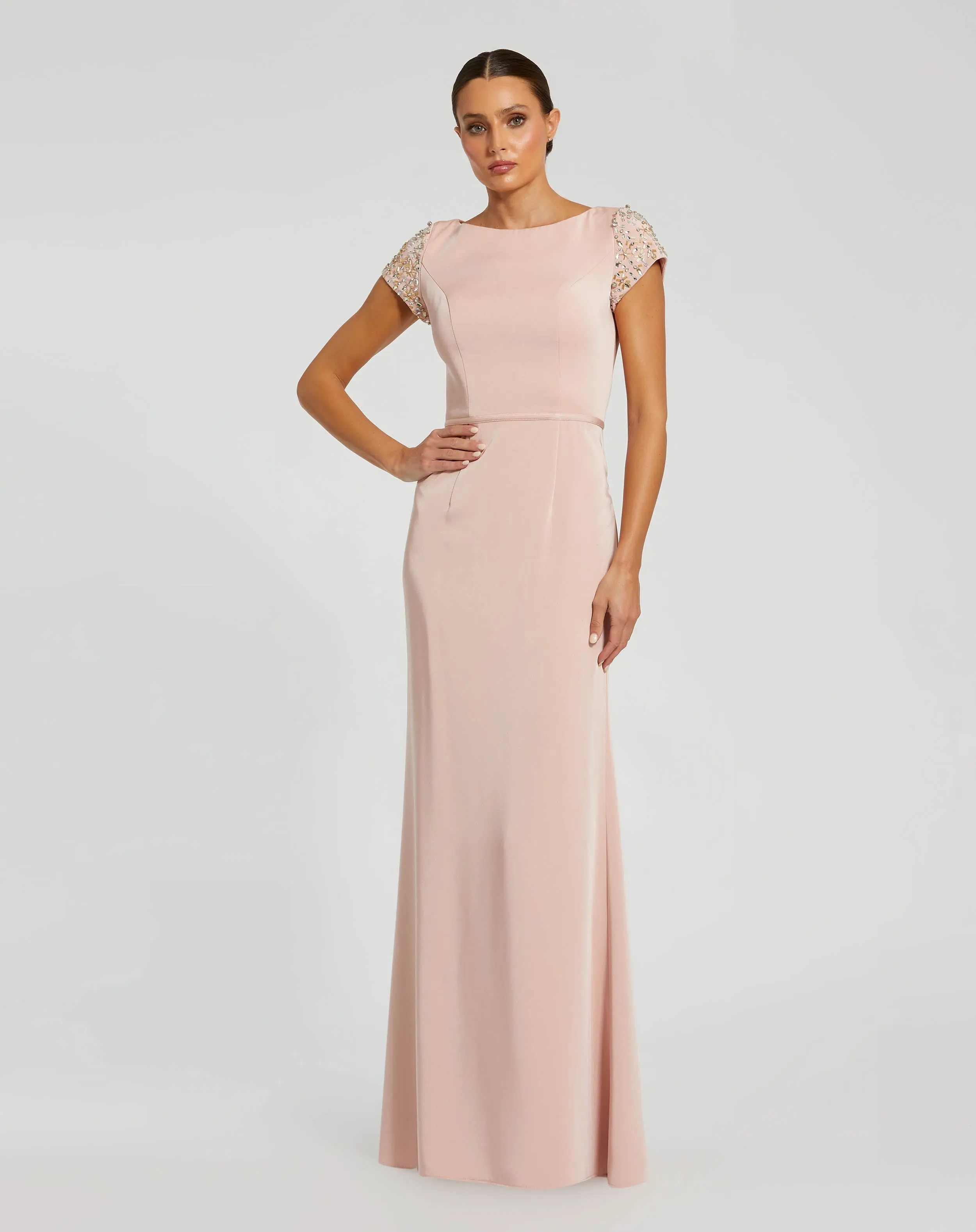 Light Pink Beaded Cap Sleeve Satin Column Gown | Mac Duggal | Mac Duggal