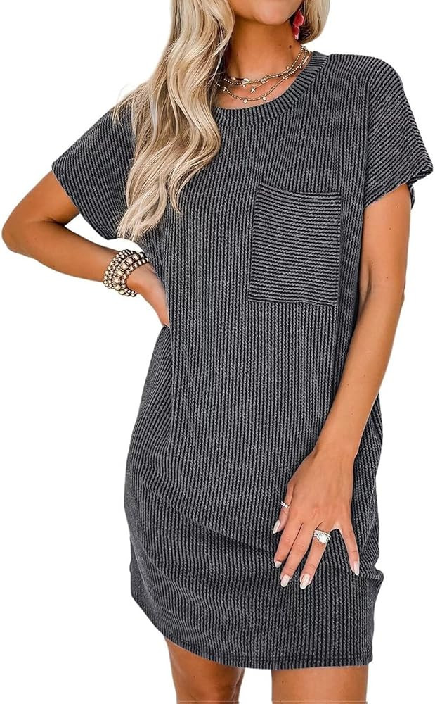 Acelitt Womens Casual Summer Crewneck Short Sleeve Ribbed Mini Tshirt Dress, XS-3XL | Amazon (US)
