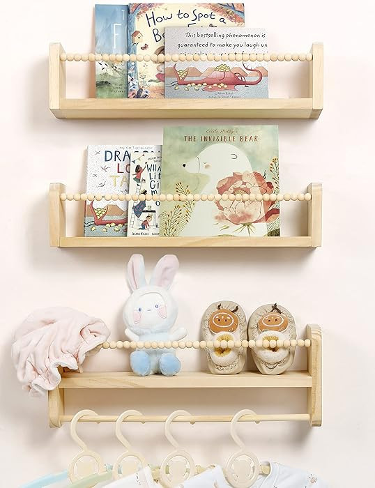 Nursery Floating Shelves for Wall, Set of 3 Book Shelves Natural Wood Wall Mounted Organizer with... | Amazon (US)