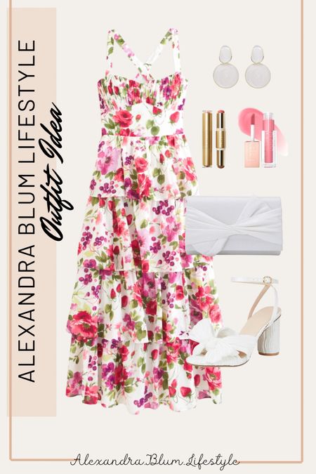 Best dressed wedding guest from Abercrombie! Floral ruffle long maxi dress is paired with white bow heels, white clutch, pink lip gloss, duo blush and bronzer stick, and white earrings! Amazon accessories! Amazon finds! 

#LTKfindsunder100 #LTKwedding #LTKshoecrush