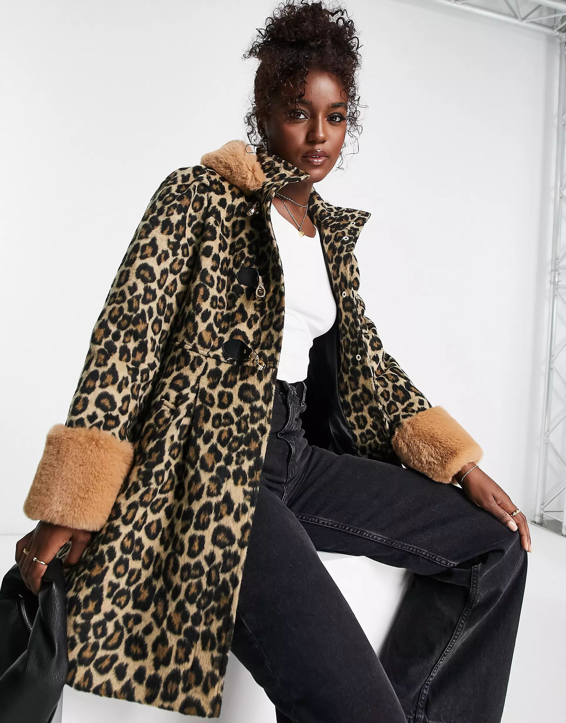 Miss Selfridge leopard duffle swing coat with fur hood | ASOS (Global)