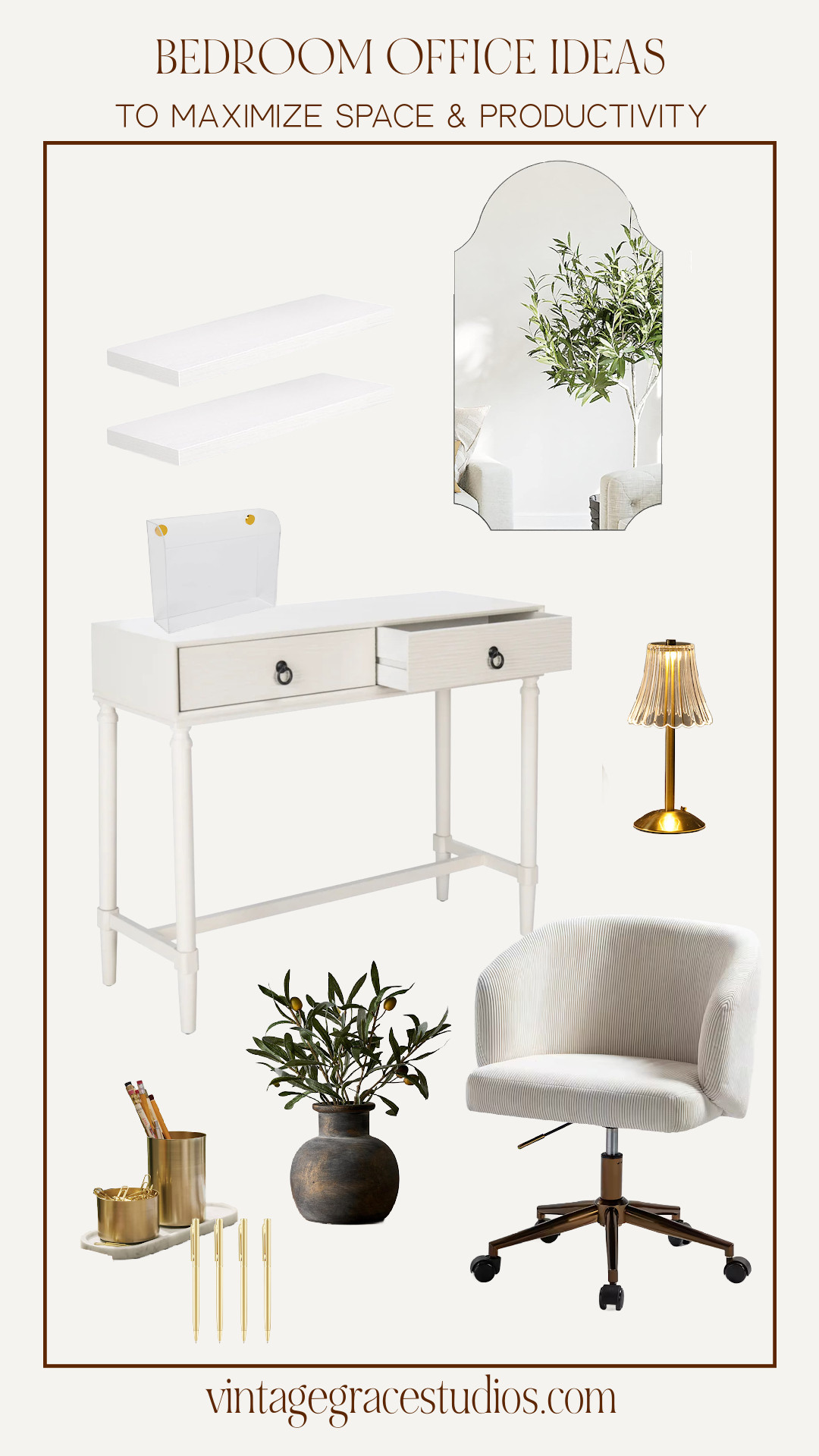 Bedroom office ideas that are small space and renter friendly! 

Small desk, office chair, wall mirror, vanity mirror, office storage, desk organization, desk decor, office decor, wall shelves, small lamp
 

 #LTKHome