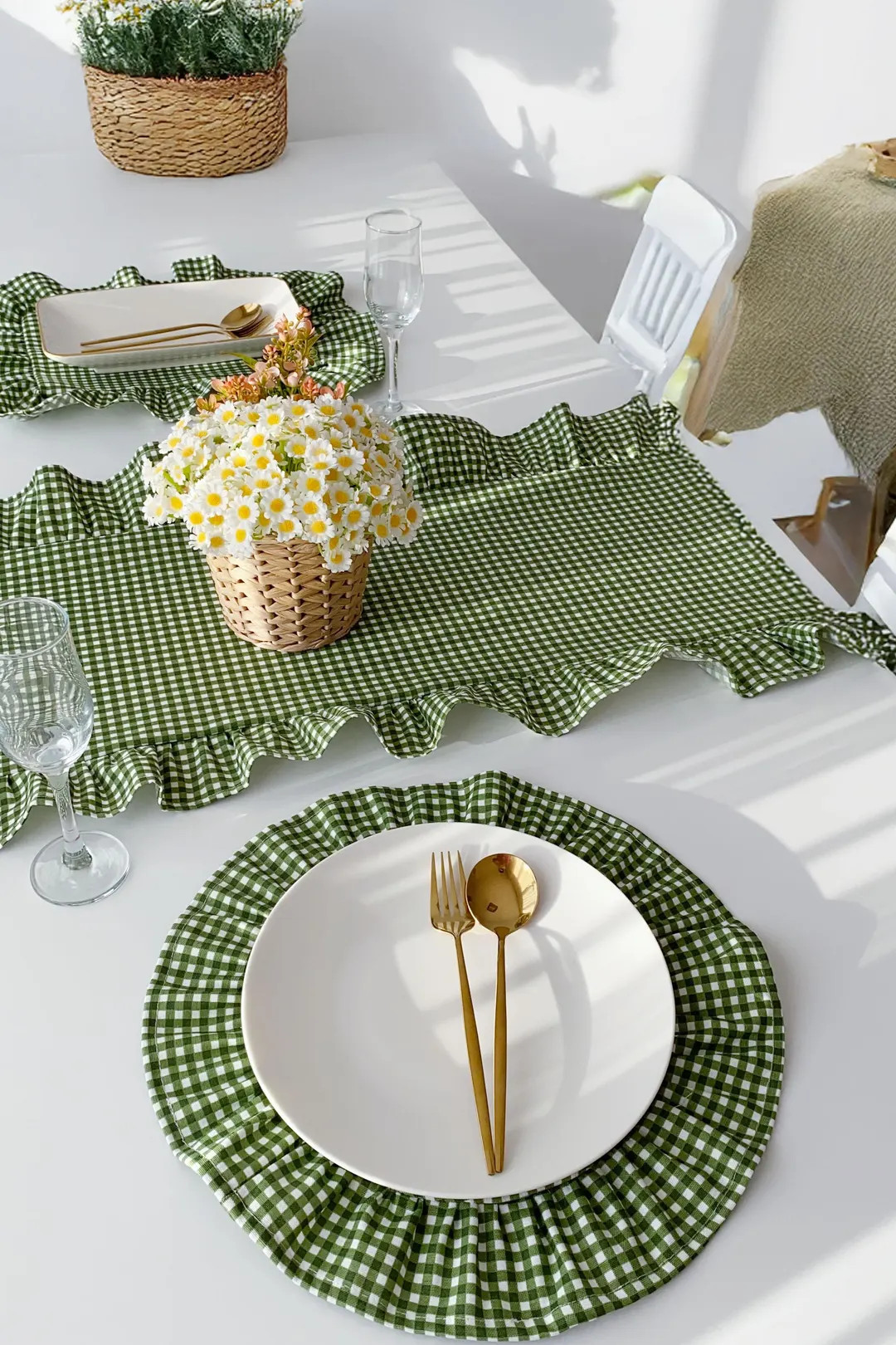 Washable Green Gingham Placemats Round Cotton Linen Ruffled Table Mats Farmhouse Dining Room Kitc... | Etsy (US)