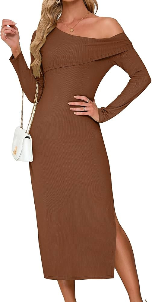 Women's Fall Ribbed Knitted Maxi Dress Off Shoulder Slit Bodycon Long Sleeve Dress Elegant Cockta... | Amazon (US)