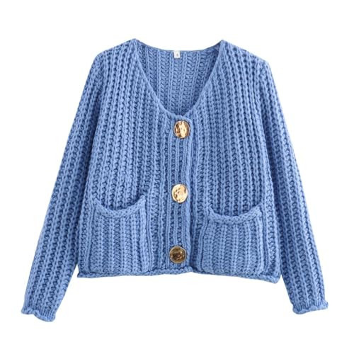 CAMNOW Women's Cropped Cardigan Sweater Open Front Trendy Long Sleeve Button Down Knit Fall Cardigan Sweater Outerwear Blue | Amazon (US)