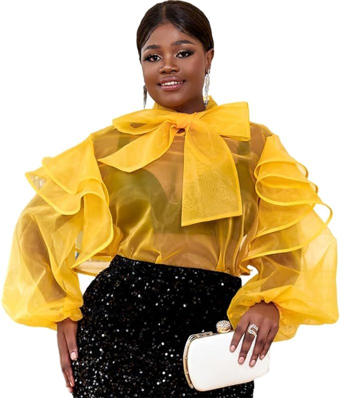 AOMEI Women's Yellow Bowtie Neck Ruffle Tiered Long Sleeve Blouse Shirt Loose Top | Amazon (US)