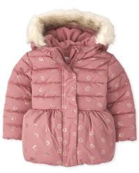 Toddler Girls Long Sleeve Foil Crown Print Faux Fur Hooded Bubble Puffer Jacket | The Children's Place
