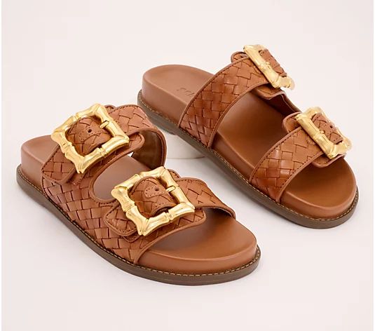 Schutz Leather Buckle Slide Sandals - Enola Woven - QVC.com | QVC