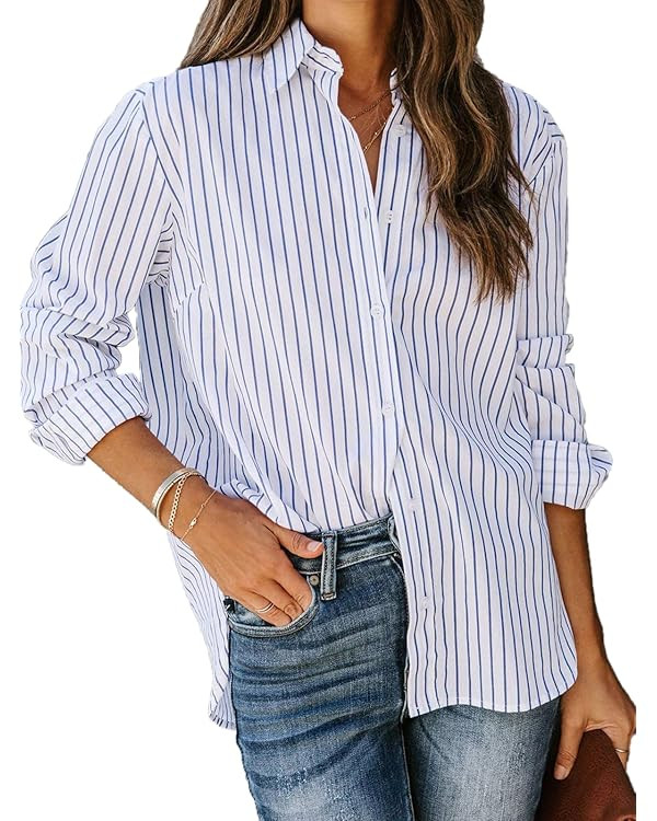 Women's Stripes Button Down Shirts Roll-up Sleeve Tops V Neck Casual Work Blouses | Amazon (US)
