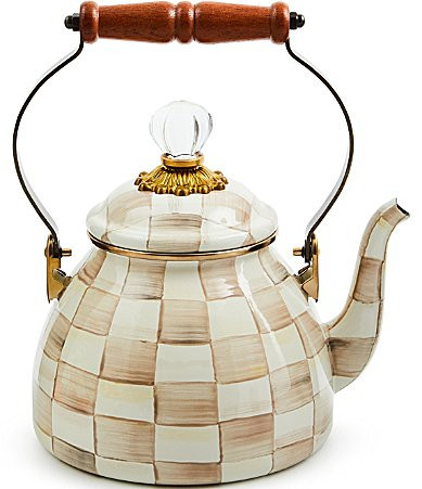 MacKenzie-Childs Check Enamel 2-Quart Tea Kettle - Mocha Check | Dillard's