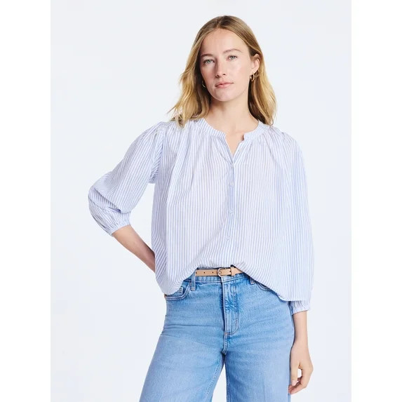 Free Assembly Women's Shirred Cotton Button Down Blouse with Long Sleeves, Sizes XS-XXL | Walmart (US)