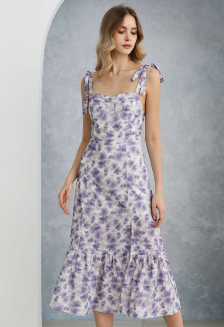 Floral Tie-Shoulder Split Midi Dress in Purple | Chicwish