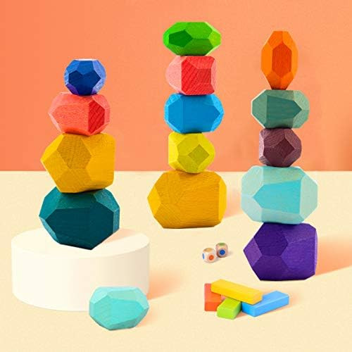 16 Pcs Wooden Stone Balancing Blocks- Colorful Wood Stone Building Blocks Natural Rainbow Balancing  | Amazon (US)