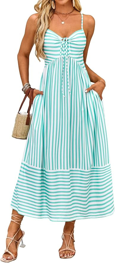 Fashionme Womens Summer Maxi Dresses 2026 Trendy Striped Vacation Boho Beach Spaghetti Strap Sund... | Amazon (US)