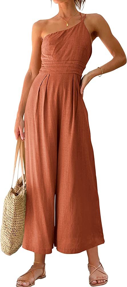 ANRABESS Women's Summer Straps One Shoulder High Waist Casual Wide Leg Linen Jumpsuit Romper with... | Amazon (US)