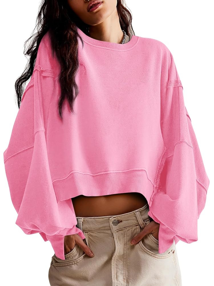 Zwurew Womens Casual Sweatshirt Long Sleeve Tops Crewneck Loose Fit Tee Pullover Crop Tshirt Side... | Amazon (US)