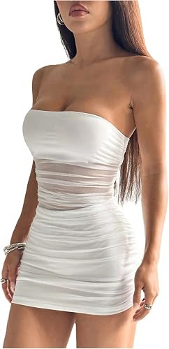 SOLY HUX Women's Mesh Strapless Bodycon Mini Dresses Ruched Sleeveless Party Night Out Dress | Amazon (US)