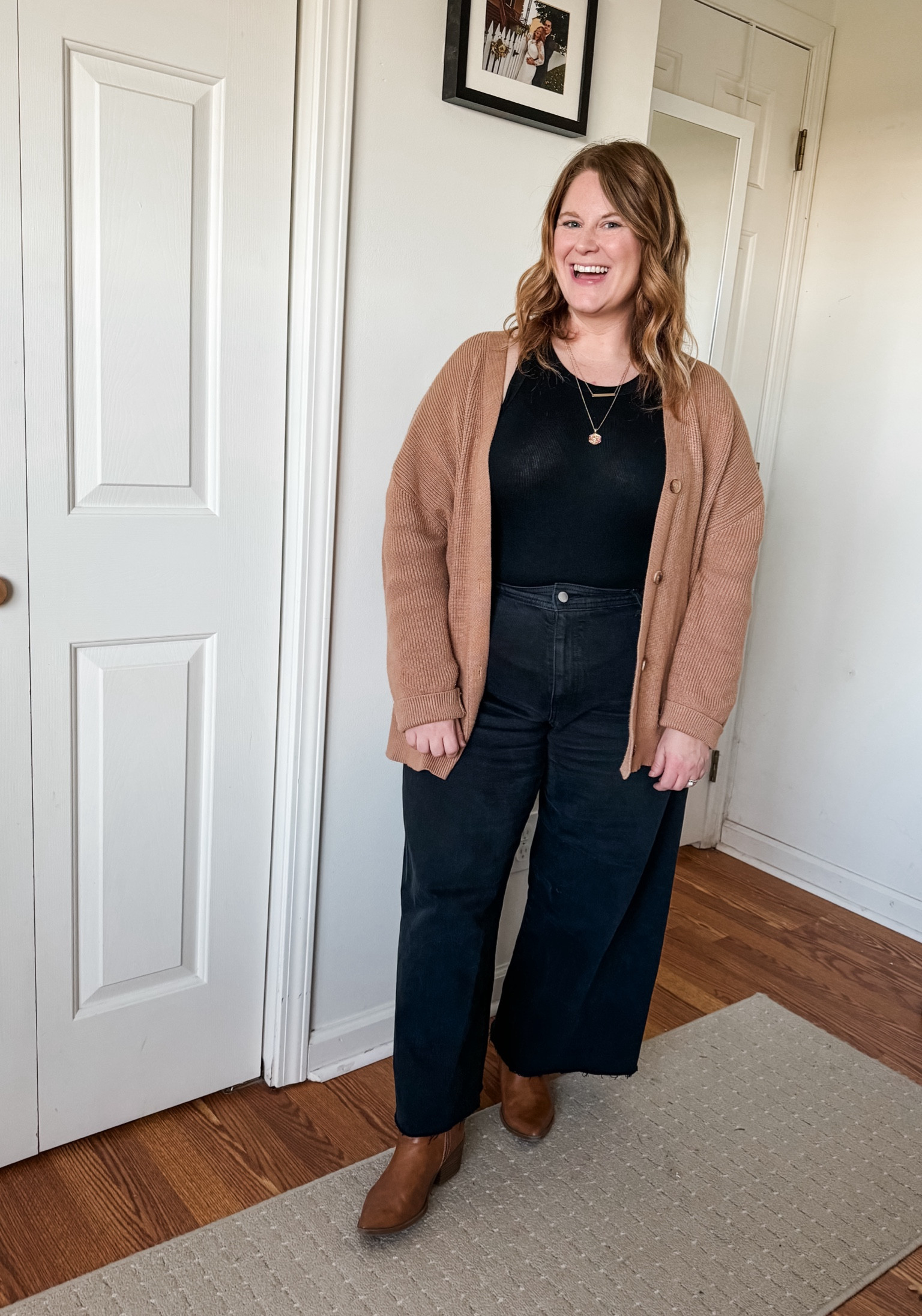 Teacher outfit!  Wide leg pants and cardigan 

Wearing an xL in tank but could do a large.  Large in cardigan. 16 in pants (I recommend sizing up one in these). 

#LTKMidsize #LTKWorkwear #LTKStyleTip
