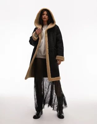 Topshop reversible faux suede shearling hooded longline car coat with chocolate borg lining in bl... | ASOS (Global)