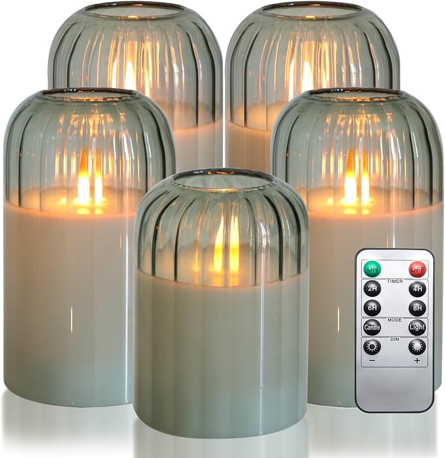 MUMCHASI Green Flameless Battery Operated Candles with Remote, Set of 5 Glass Jar LED Candles wit... | Amazon (US)