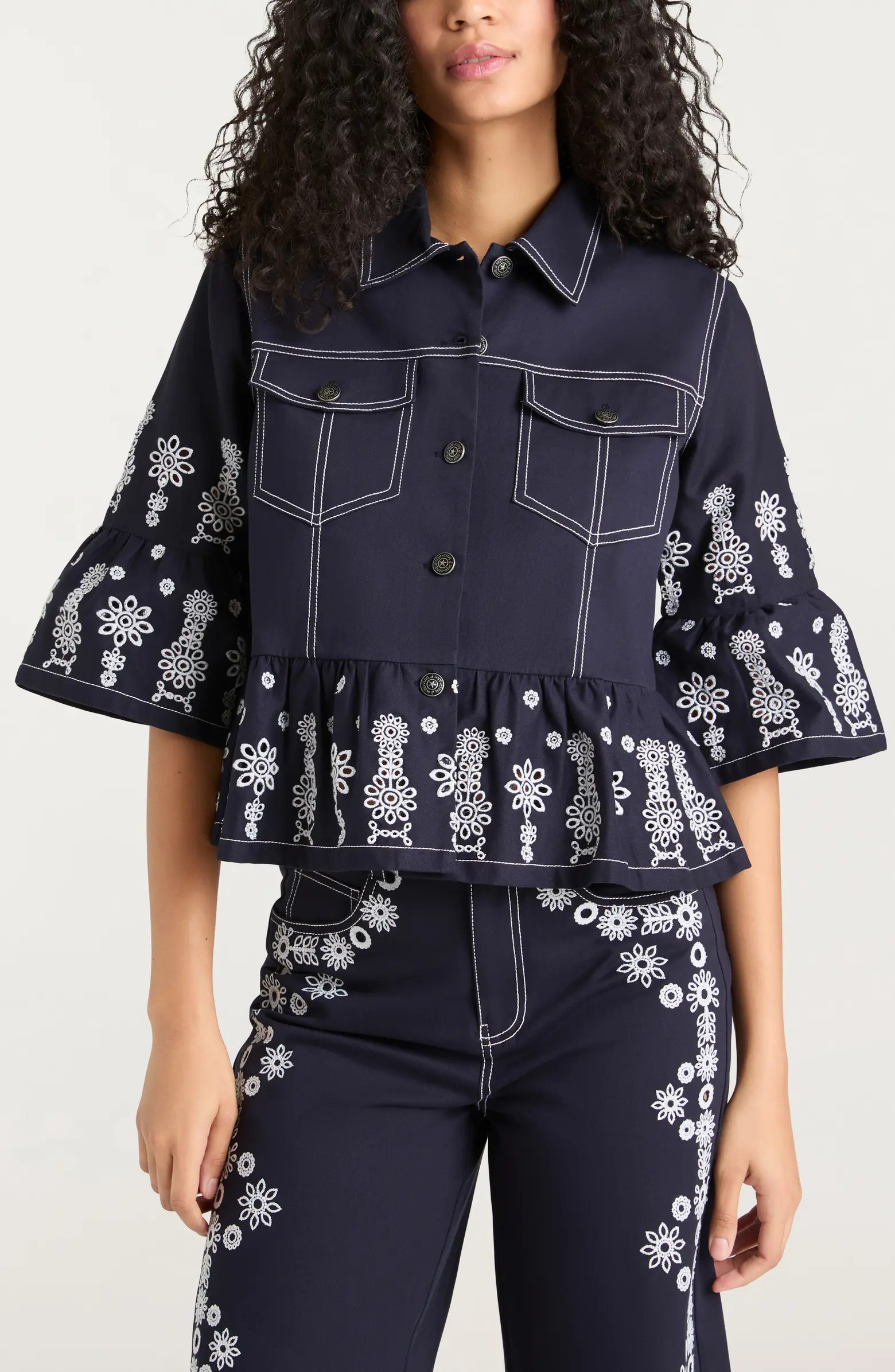 Cinq à Sept Eyelet Detail Stretch Cotton Jacket | Nordstrom | Nordstrom