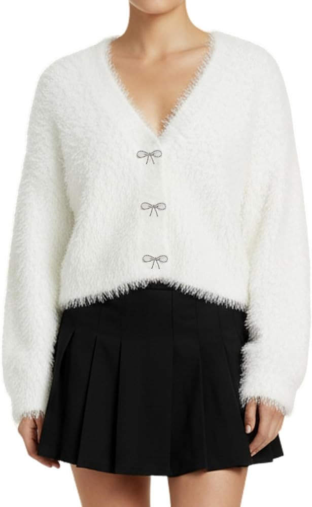 Yimoon Women's Women Cropped Fuzzy Cardigan Sweater Bowknot Brooch Button Knit Cardigans V Neck L... | Amazon (US)