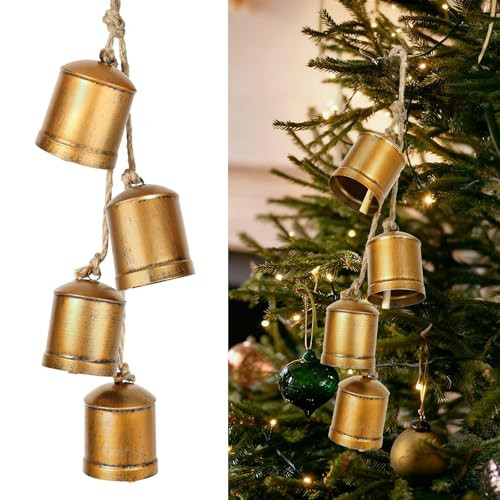 Christmas Bells, Vintage Christmas Cow Bells Decor, Set of 4 Large Rustic Gold Christmas Cowbells with Jute Hanging Rope for Home Door Knob Christmas Tree Garland Xmas Decorations | Amazon (US)