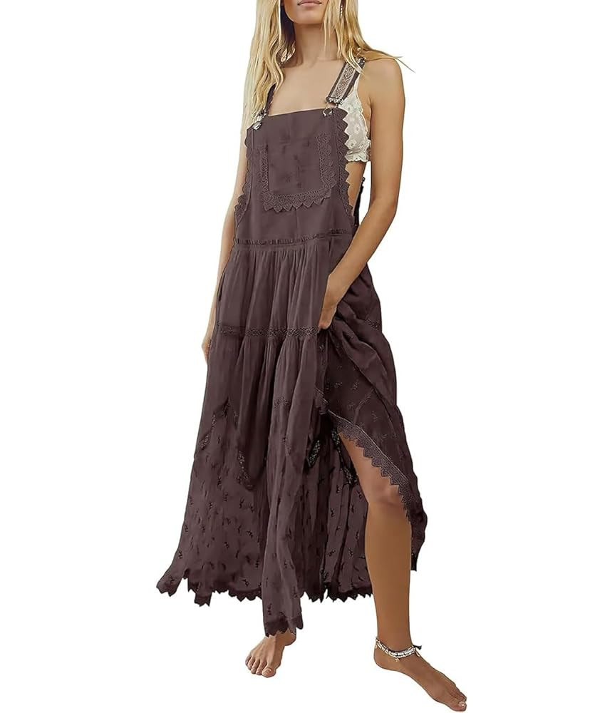 chouyatou Women's Lace Embroidered Tiered Maxi Dress Casual Suspender Strap Bib Overall Jumper Dr... | Amazon (US)