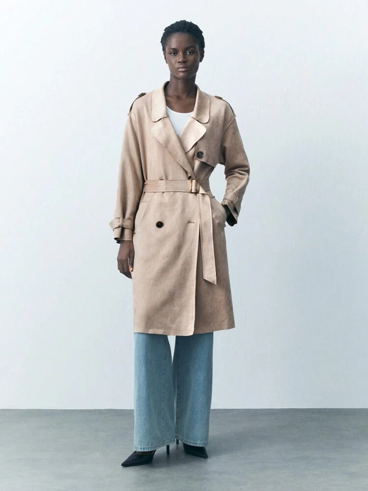 Maija Suede Fabric Loose Long Trench Coat, Fashionable Casual Urban Classic Old Money | SHEIN